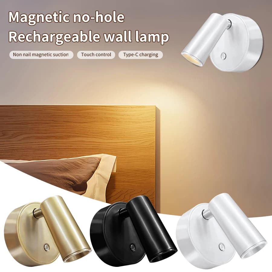 Magnetic LED Wall Light with Type-C Charging 3 Color Dimmable 360° Rotation Spotlight Touch Control for Reading Bedside Lighting