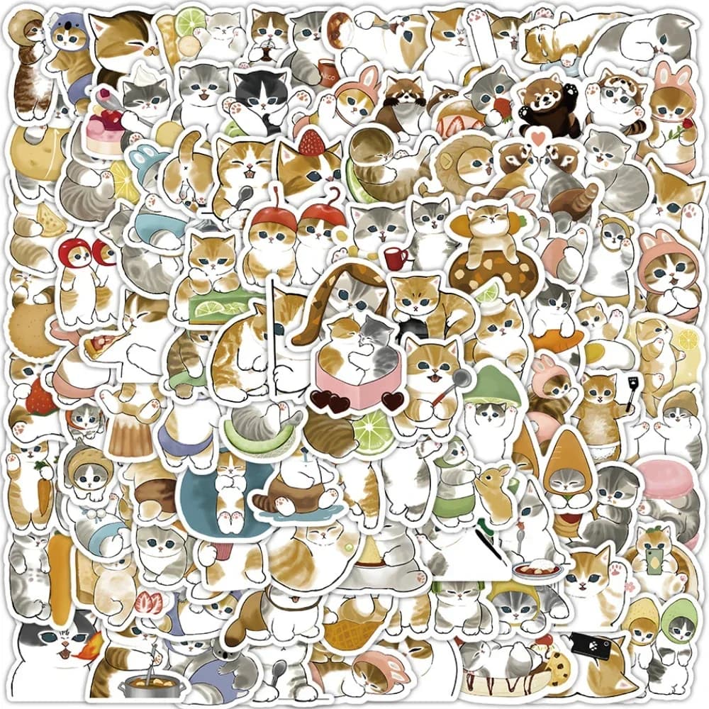 100Pcs Cute Cat Cartoon Stickers Kawaii Animal Decals Laptop Skateboard Suitcase Guitar Phone Cartoon Sticker Kid Gift Toys