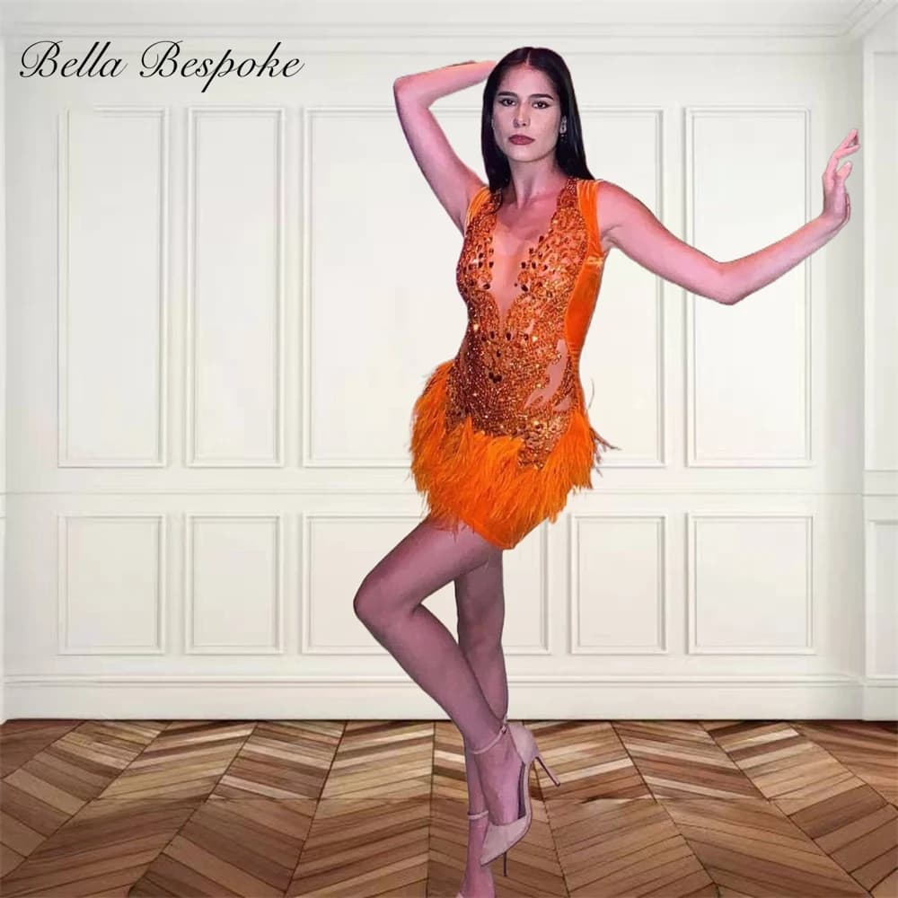 Orange O N Bead Crystal Short Prom Dresses Rhinestone 2024 Birthday Luxury Dress Feathers Graduation Gown Homecoming Customized