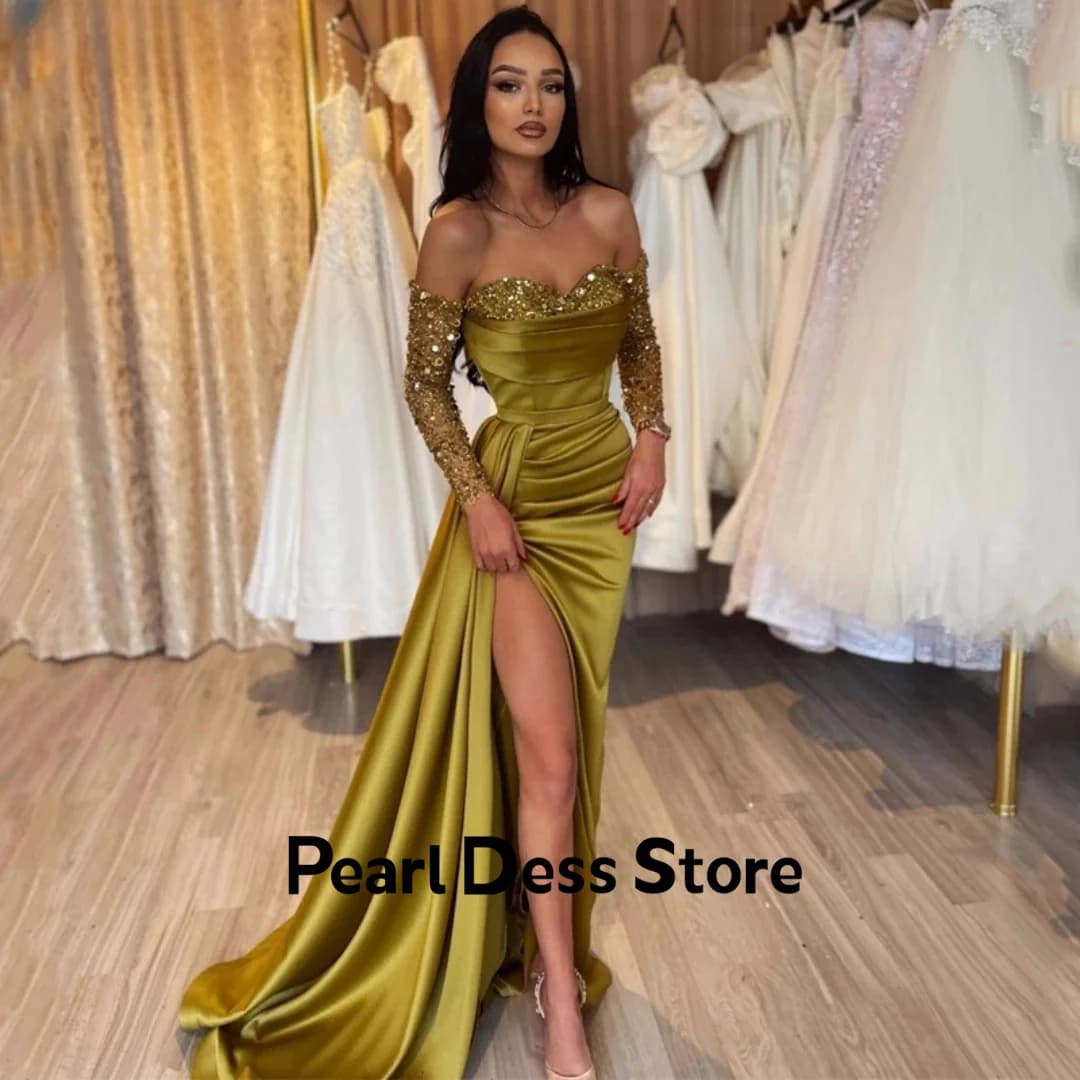2024 Women's strapless pleated evening gown with shiny satin side slit evening gown