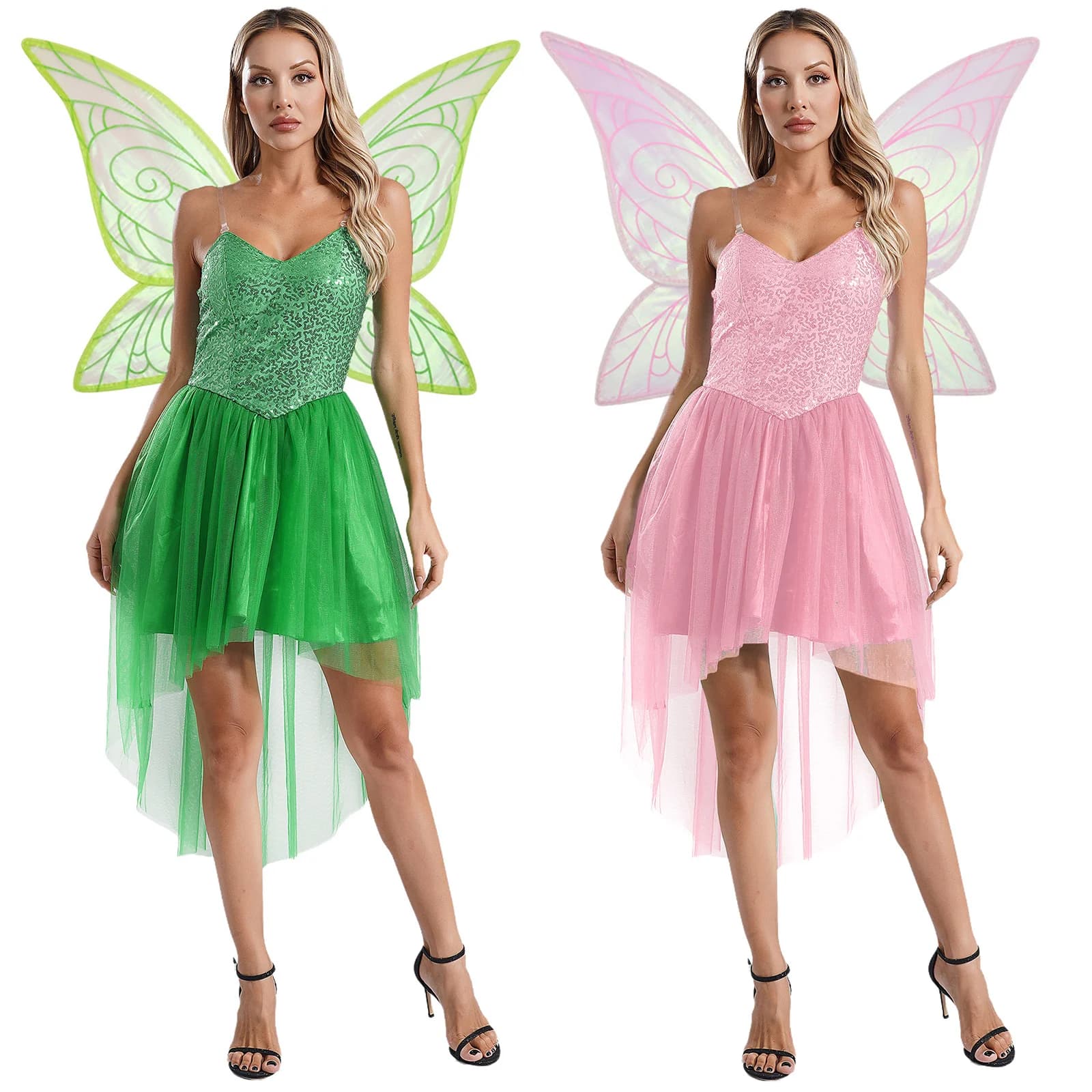 Womens Fairy Elf Cosplay Costume Sleeveless Sequin High-low Tulle Hem Dress Butterfly Wings For Fancy Dressup Party Carnivals.