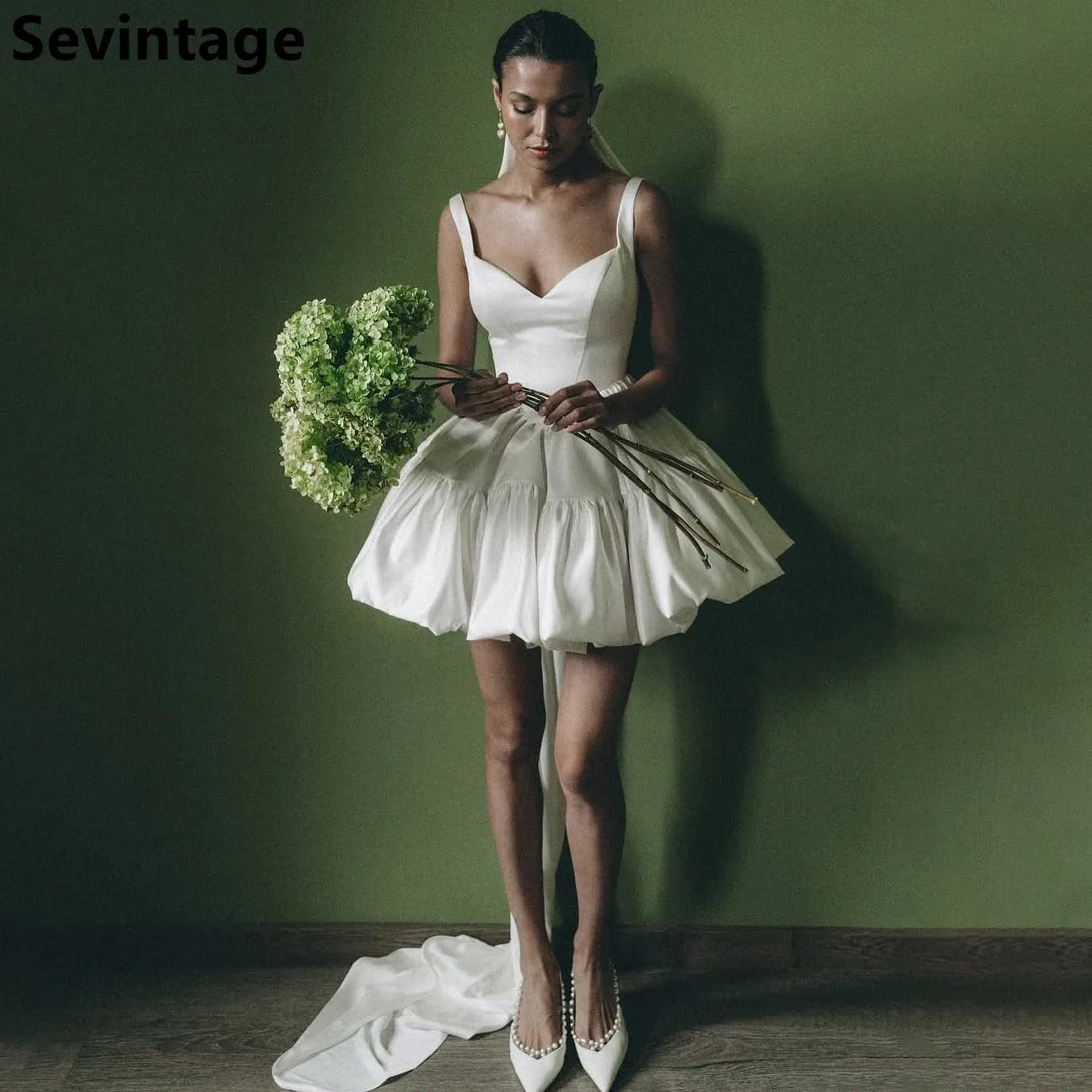 Sevintage 2025 Ivory Satin Short Wedding Dress Ball Gown Mini Bridal Gowns Customized Vestidos De Novia