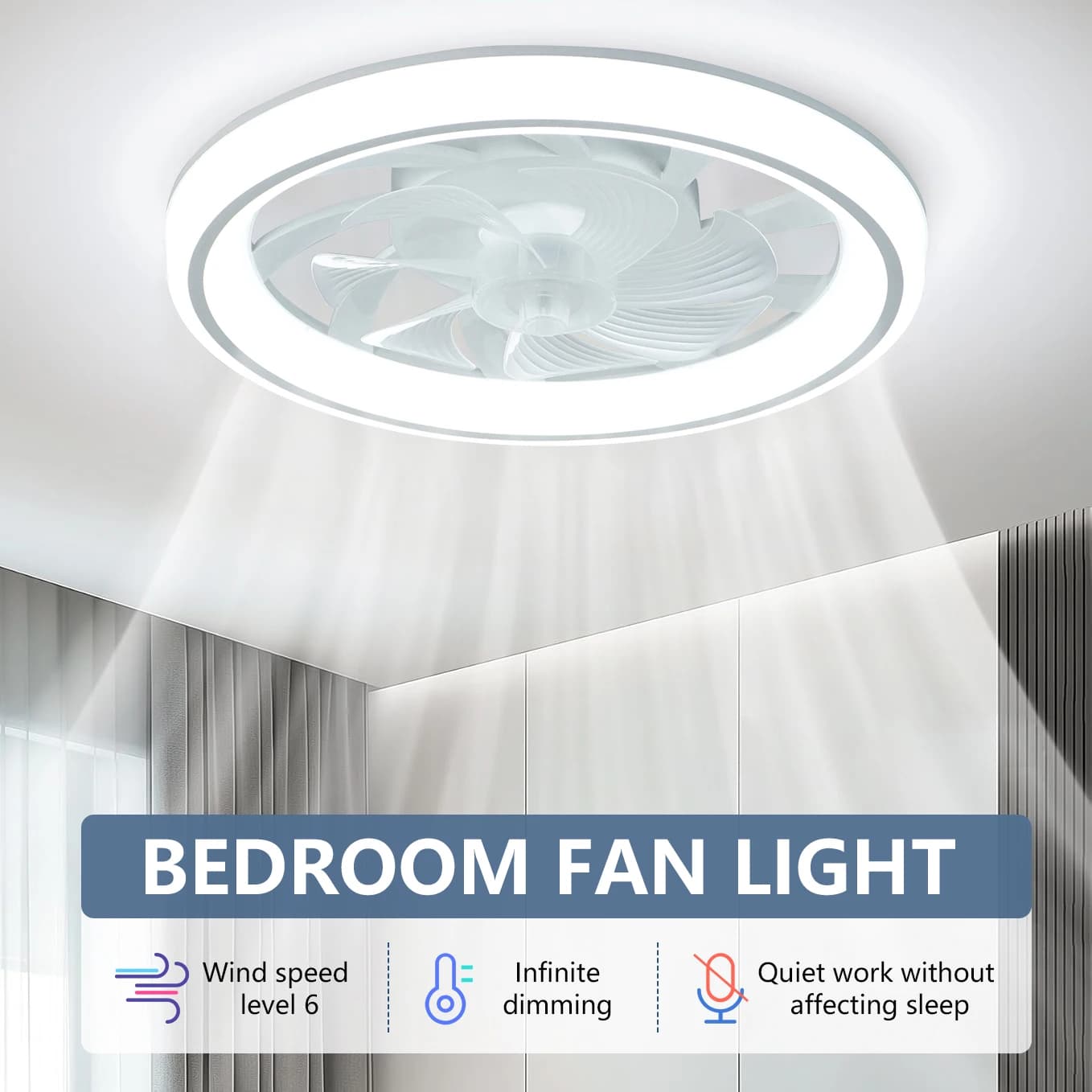 48cm Ceiling Fan Light, Thin Silent Ceiling Fan with Remote Control, Unlimited Dimming, 6-speed Adjustment, Bedroom Living Room