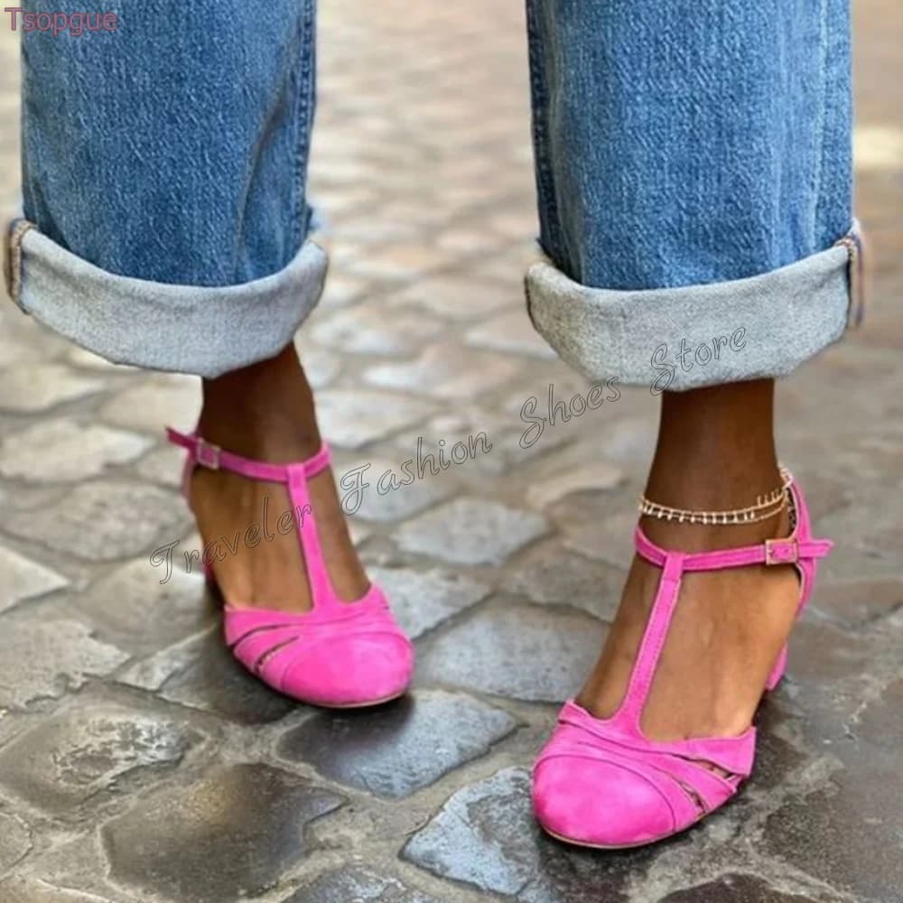 Pink Round Toe Ankle Buckle Pumps Chunky High Heels High Heel Shoes for Women Fashion Party Heels 2024 New Zapatos Para Mujere
