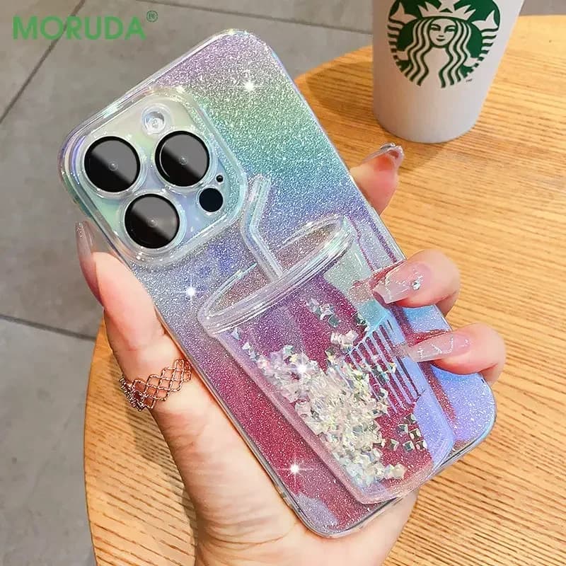 3D Cup Quicksand Glitter Phone Case for iPhone 14 15 16 ProMax 11 12 13 Pro Max 16 Plus Bling Gradient Clear Plating Soft Cover