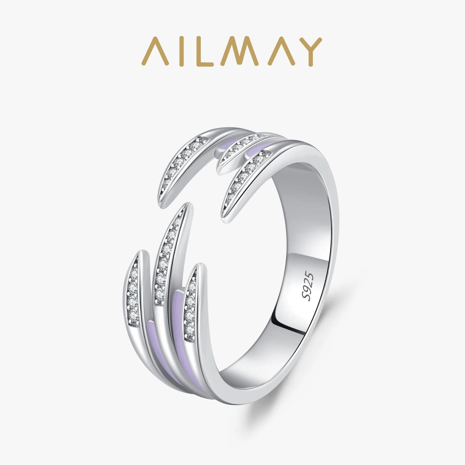 Ailmay 925 Sterling Silver Luxury Asymmetry Line Shiny CZ Open Size Enamel Finger Ring For Women Wedding Statement Fine Jewelry