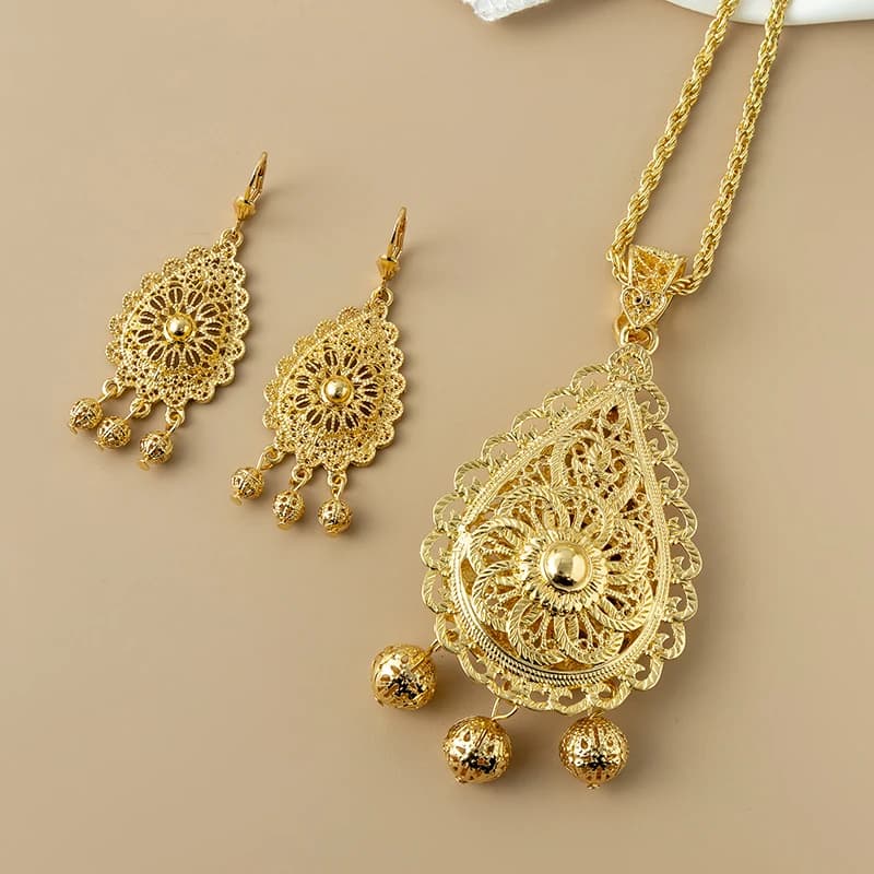 Algerian Women's Luxury Hollow Flower Metal Earrings And Necklace Jewelry Set for Wedding Arab Style