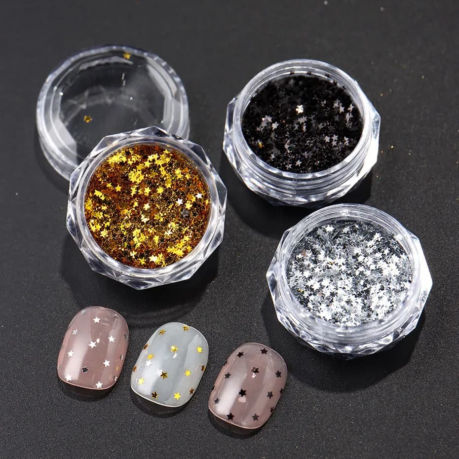 3pc Y2K Tiny Star Glitter Nail Flake Golden Silvery Black Small Pentagram Nail Seqiuns Kawaii Korean DIY Manicure Accessories