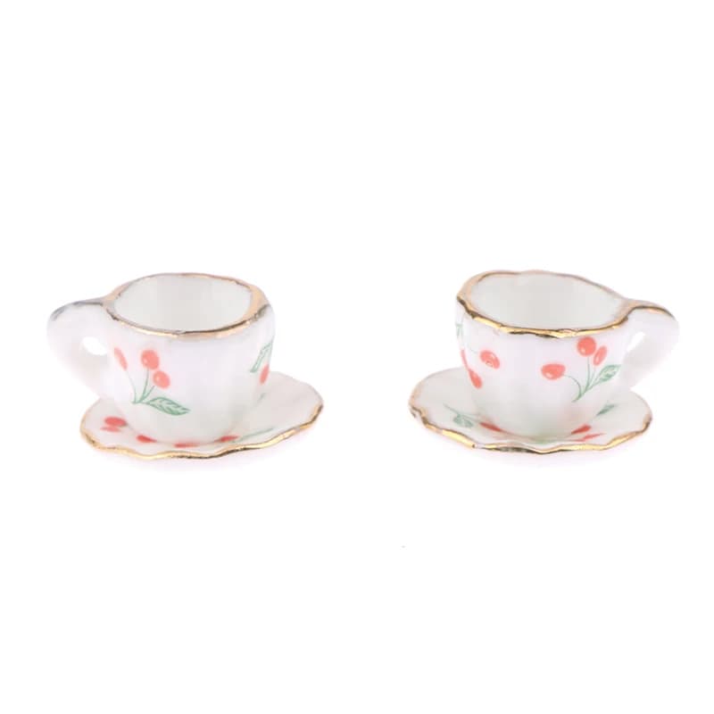 2Sets 1/12 Ceramic Tea Cup Dollhouse Miniature Tableware Cup & Saucer Decoration Kitchen Decoration Doll House Accessories