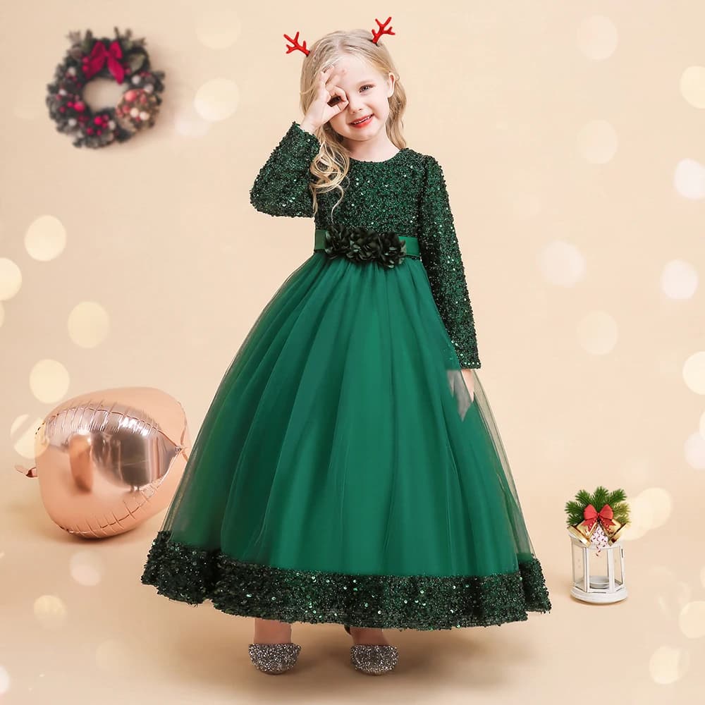 Green Christmas Dresses For Girls Winter Long Sleeve Kids Party Princess Costume 4-14 Yrs Sequin Solid Elegant Xmas Vestidos