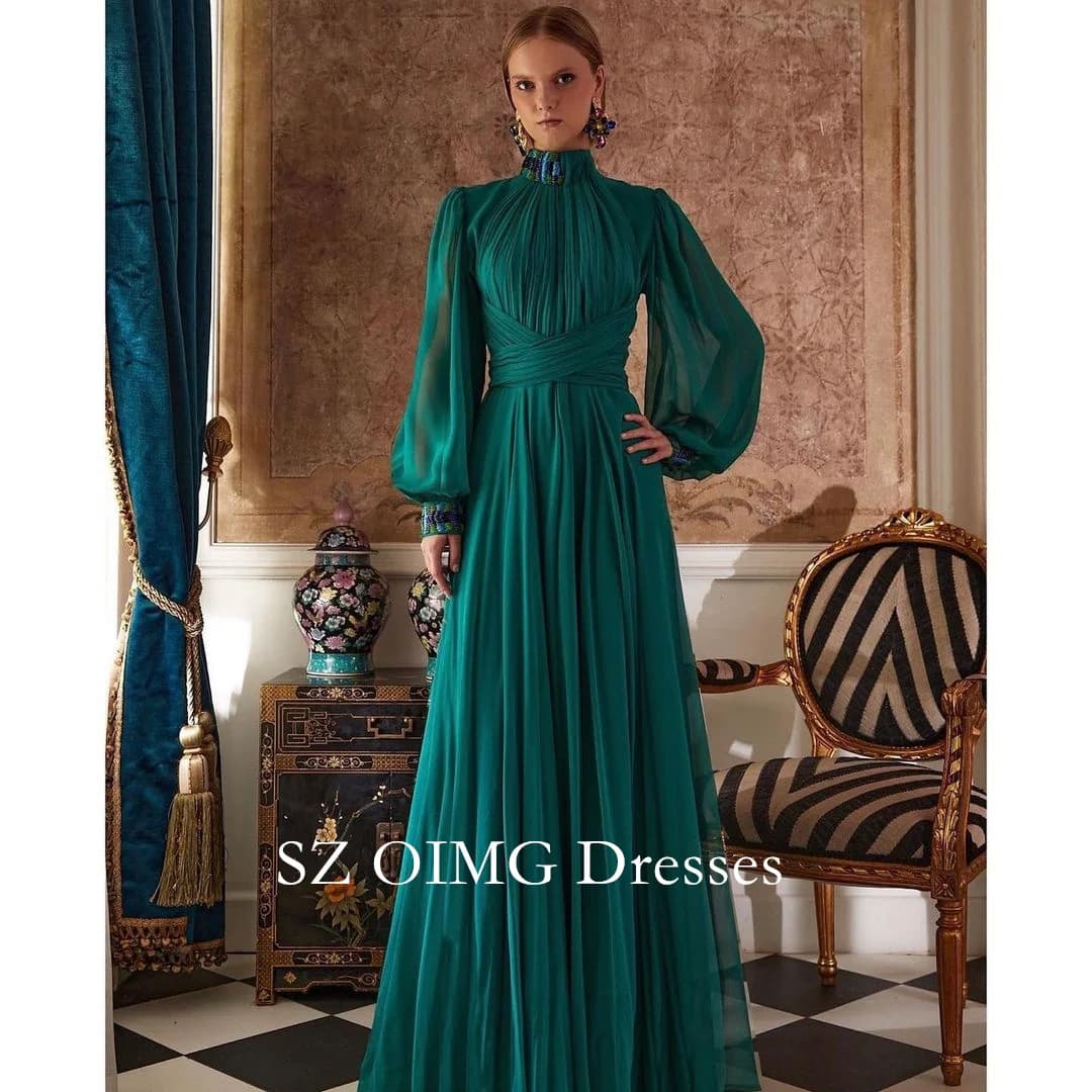 OIMG Gorgeous Fashion High Neck Green Prom Dresses Puff Sleeves Customized Elegant Satin Vintage  Gowns Formal Party Dress