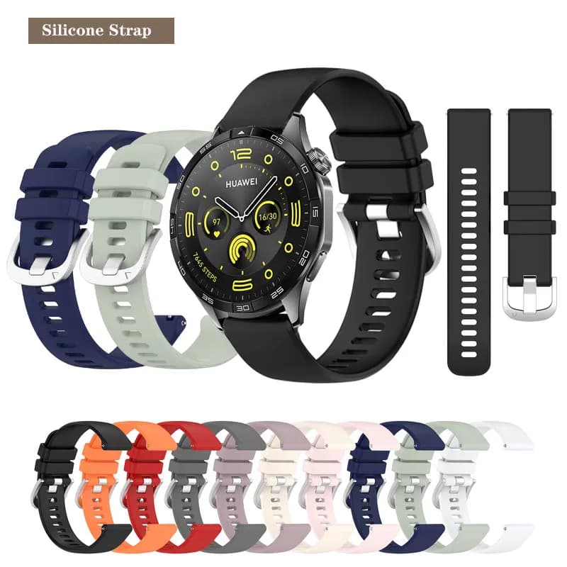 18 20 22mm Silver Buckle Silicone Strap Band For Huawei Watch GT4 41 46mm / GT3 SE / GT 2 Pro 2e / GT 2 3 42mm 46mm / 3 4 / Buds