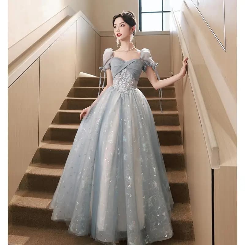 Blue Evening Prom Dress Banquet French Light Luxury Temperament Princess Dresses Vintage Elegant Wedding Long Gauze Vestidos