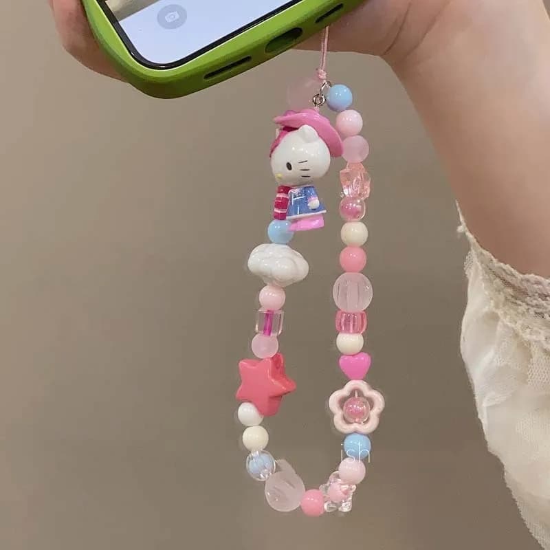 Kawaii Sanrio Hello Kitty Mobile Phone Pendant Inspearl Beaded Bracelet Bag Decoration Accessories for Girls Sweet Keychain Gift