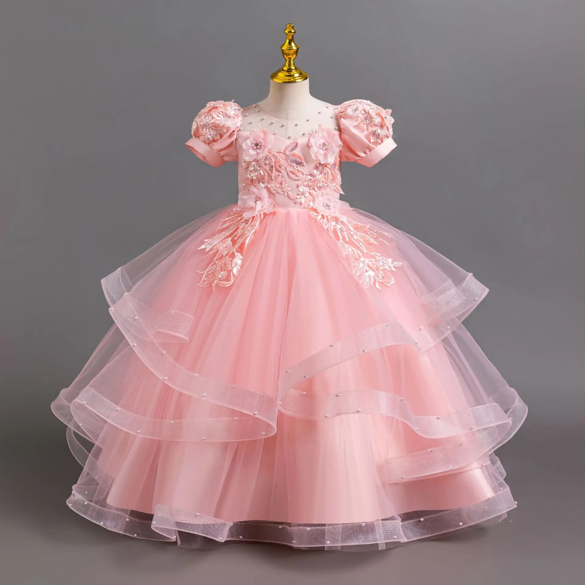 New Girl Kids Stereo floral tulle Lace Birthday Party Dinner Dress Girl puffy Sleeve New Christmas Party Princess dress
