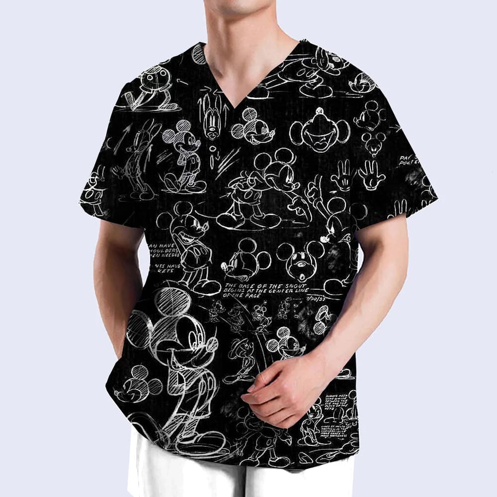 Disney-men's Minnie Mickey Print Nursing Scrubs T-Shirt, Casual Tops, Short Sleeve, V-neck Pocket, Women Uniform Neutral