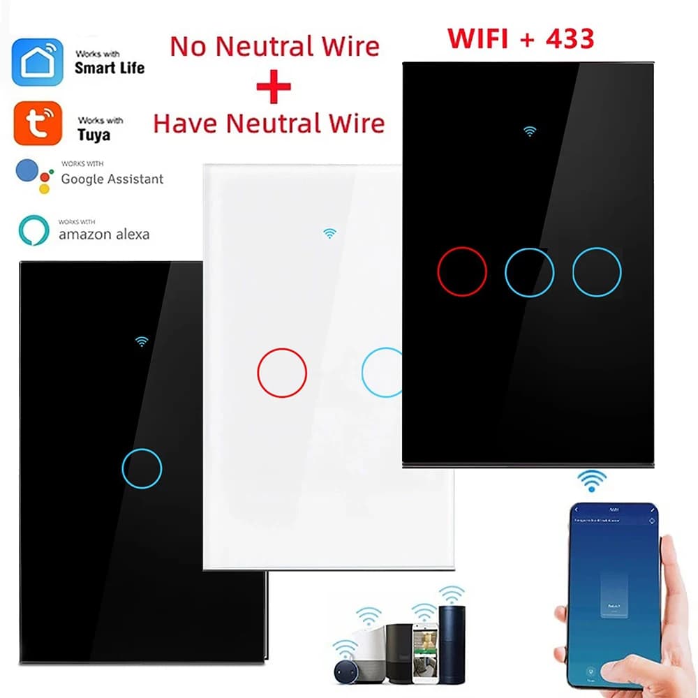 Tuya Smart Switches US No Neutral Wire Required 1/2/3 Gang Light WiFi Touch Switch Work with Alexa Google Home