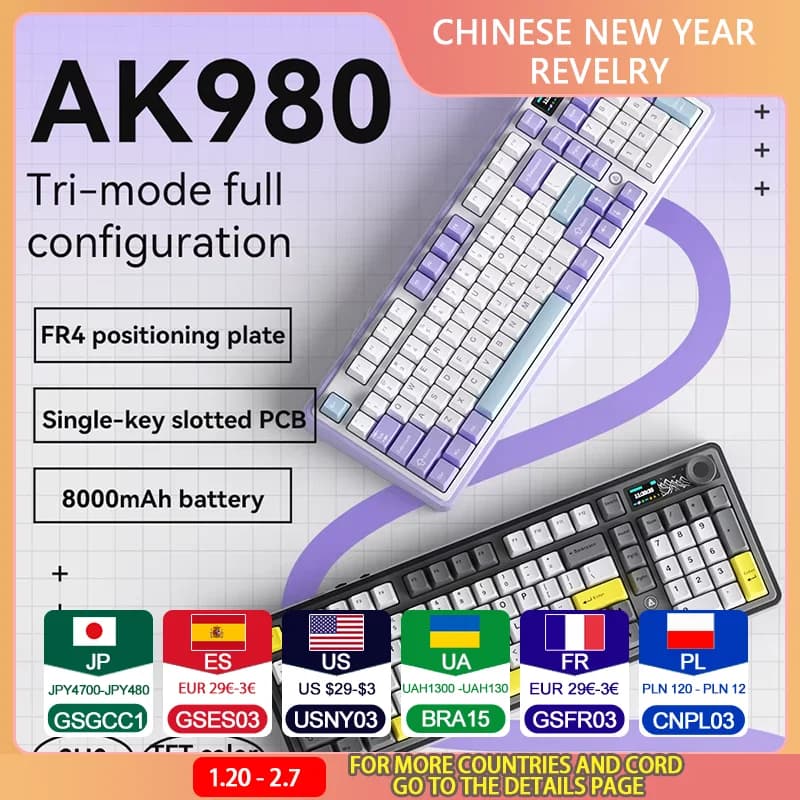 AJAZZ AK980 Mechanical Keyboard Multi-function Knob GASKET Structure Color Screen Wireless Gaming Keyboard PC Gamer Accessories