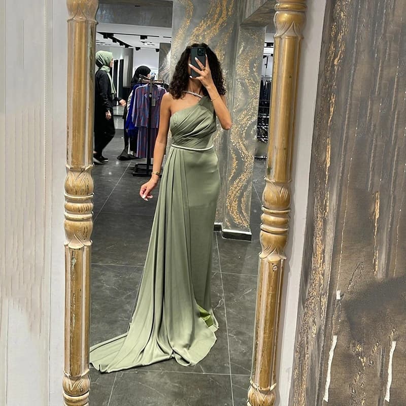 Customized Dubai Elegant Green Beading Mermaid Evening Dresses Saudi Arabic One Shoulder Side Split Women Satin Prom Dresses