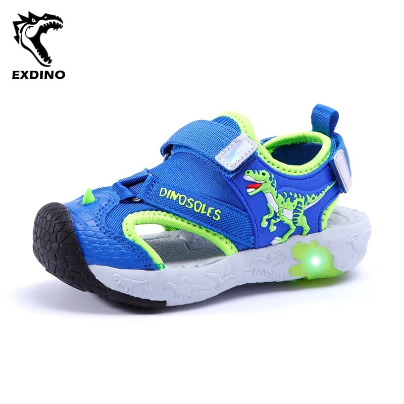 EXDINO Dinosaur LED Flashing Summer Sandals 6Y Boys Children Cut-Outs Closed Toe Fashion Little Kids Beach Shoes Anti-Slip
