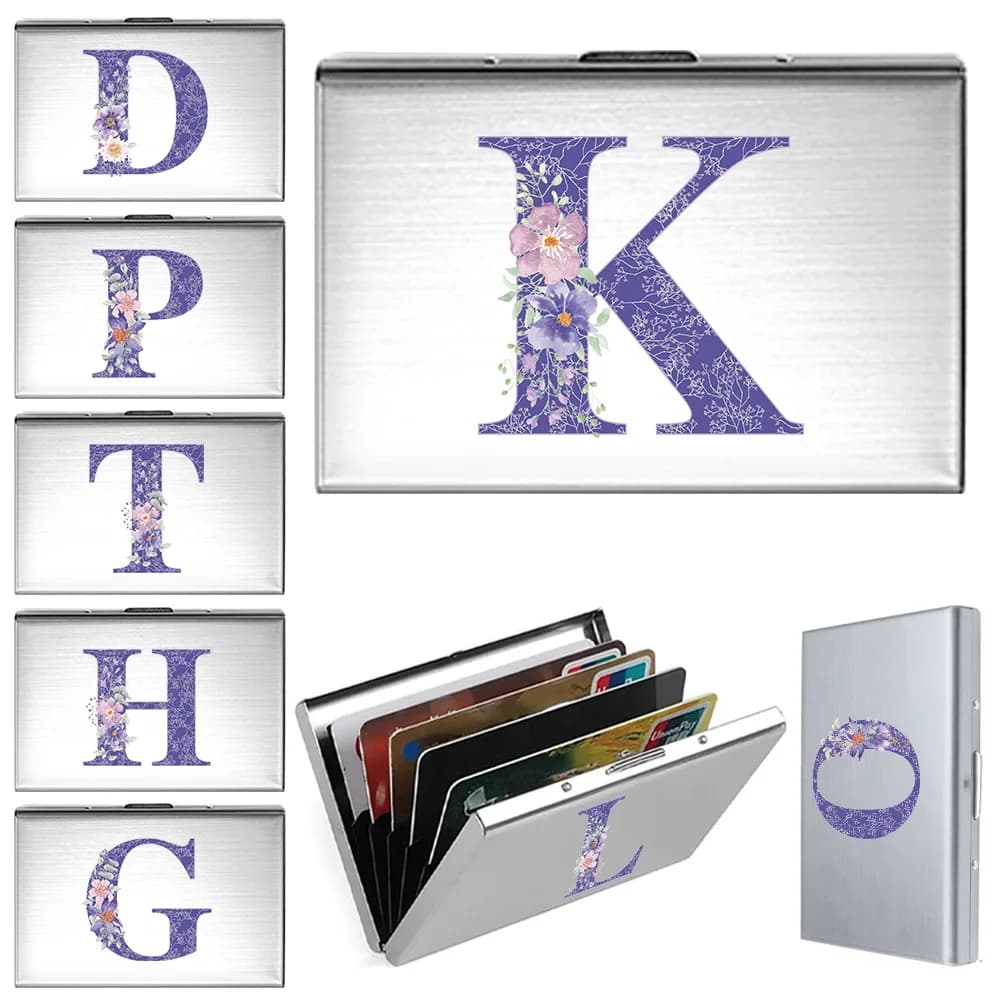Metal Business Card Holder - Slim Pocket Business Card Case for Unisex Stainless Steel IC Cards Storage Purple Flower  Series