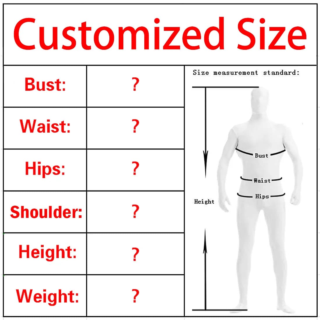Costumeized Size /Add Arm/Crocth/Zippers for Halloween Costume Cosplay