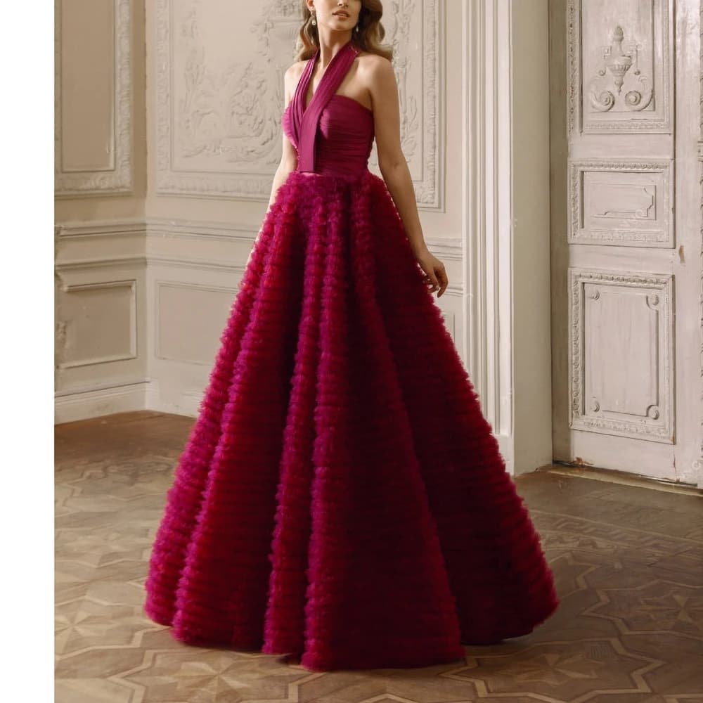 Burgundy Evening Dresses Fashion Halter Sleeveless Backless A-Line Gowns Multi Layer Pleated Tiered Tulle Party Prom Dresses