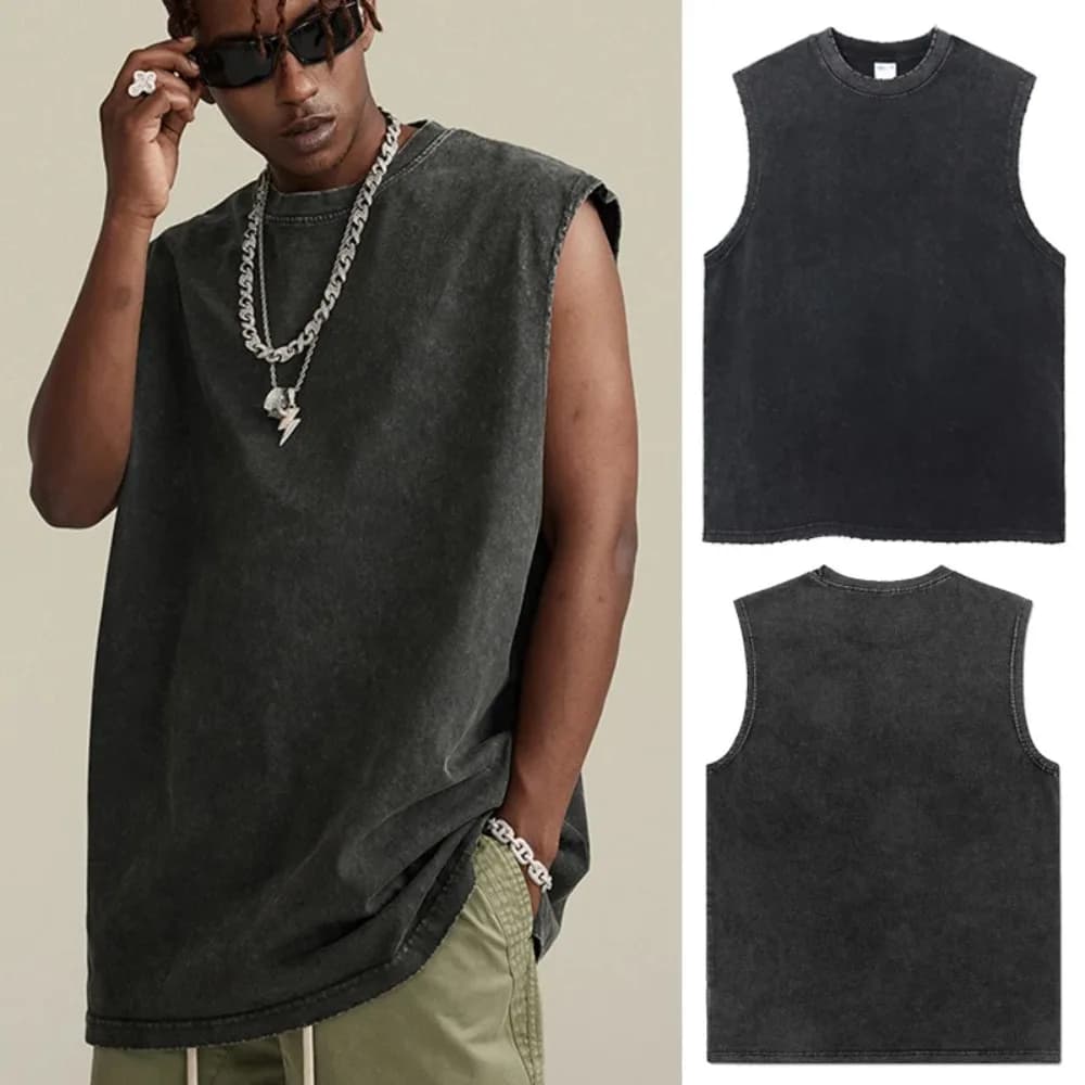 Vintage Acid Wash Cotton Tank Tops for Men Women Gym Workout Bodybuilding Sports Vest Casual Sleeveless Tees Tops