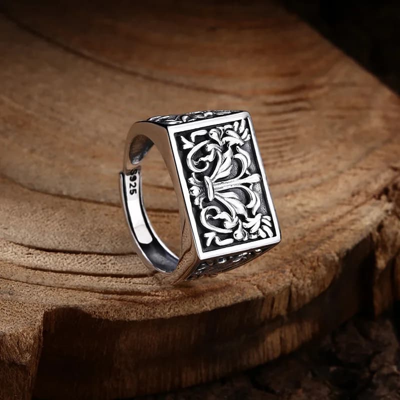 Wholesale 925 sterling silver ring Seiko Tang grass pattern ring ring opening Thai silver vintage trendy unique ornament