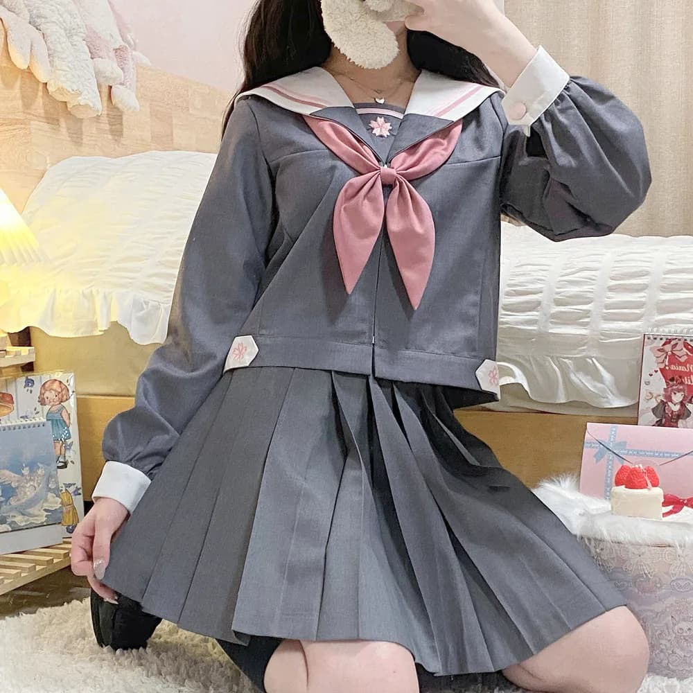 Women Sailor Outfit High School Jk Uniform Japanese Dress Student Clothes Pleated Skirt Grey Sailor Suit Girl Seifuku Korean