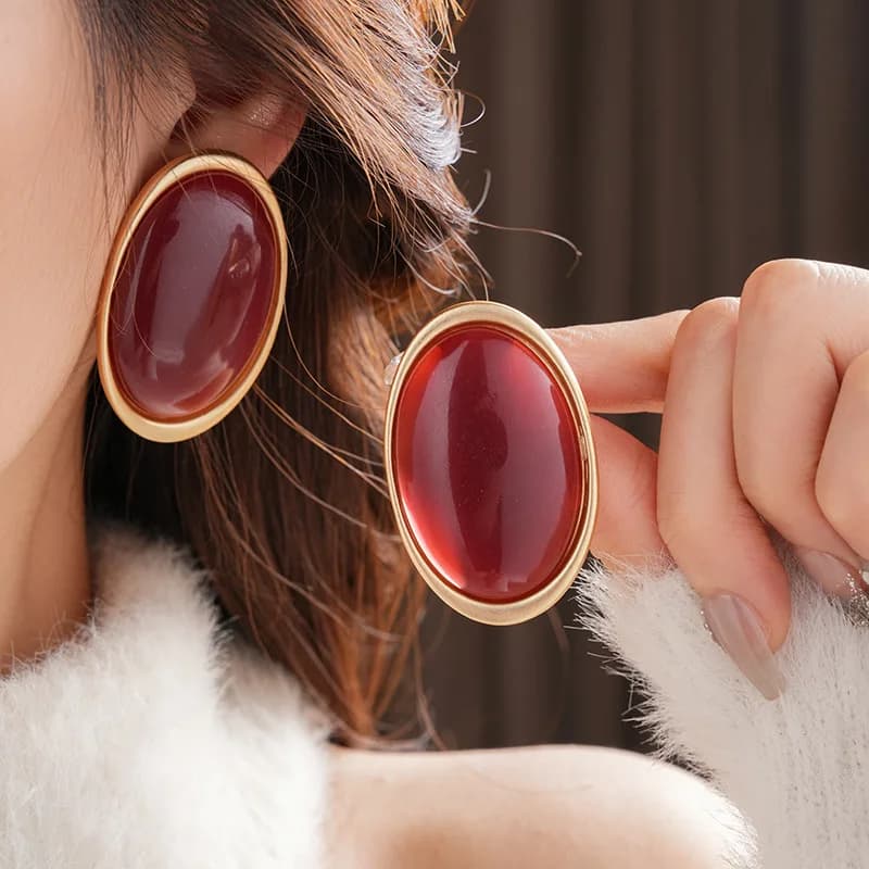 Vintage Red Resin Women's Earrings Stud Earrings Luxury large Geometric Oval earrings Party Wedding Ear Jewelry Wholesale