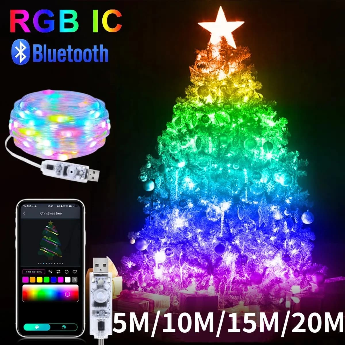 5M/10M/15M/20M RGBIC USB Sting Light Bluetooth APP DIY LED Fairy Lights Garland Decoration for Christmas Wedding Birthday Party