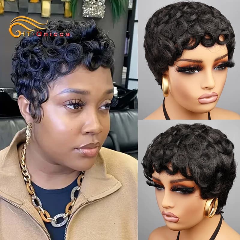 Pixie Cut Wigs 100% Human Hair Wigs Short Curly Pixie Cut Wigs For Black Women Full Machine Made Wig Pixie Curly Black 1B Color
