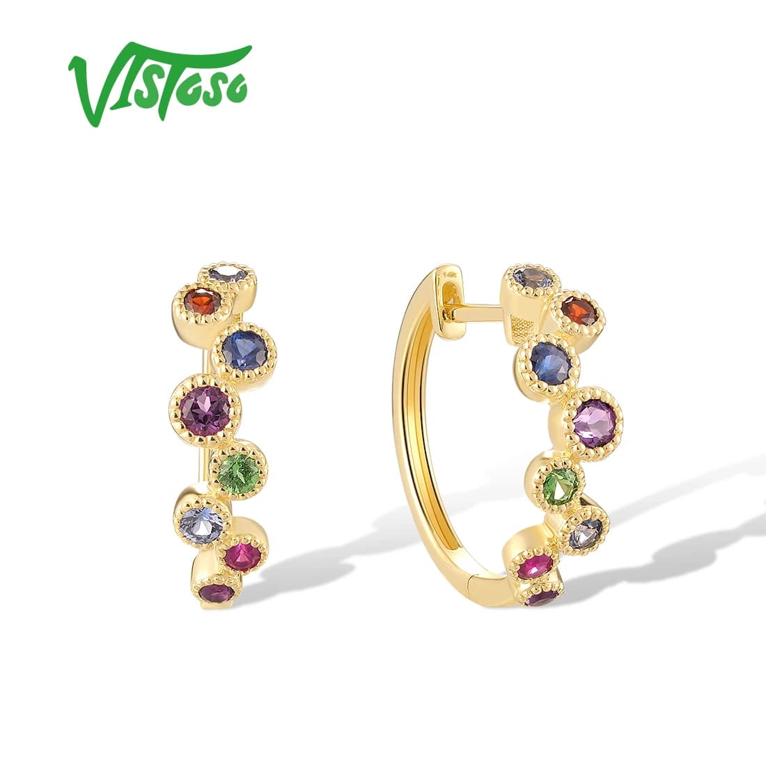 VISTOSO Pure 14K 585 Yellow Gold Loop Earrings For Women Sparkling Colorful-Gems Popular Wedding Huggie Earrings Fine Jewelry