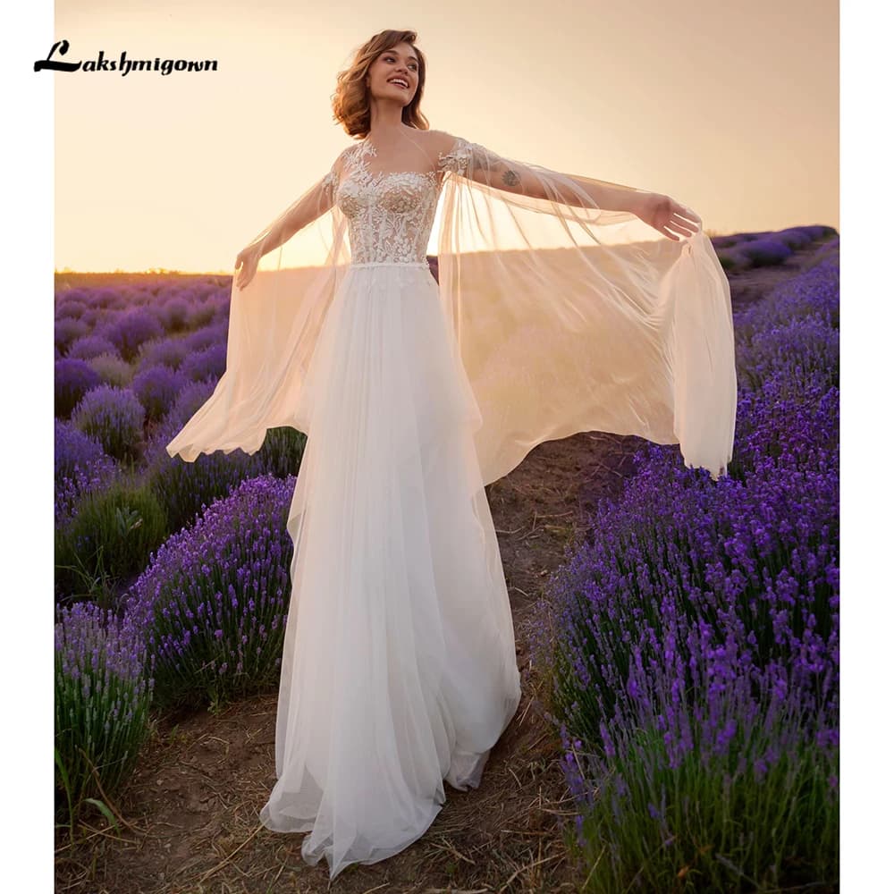 Lakshmigown Sexy Corset Long Sleeve Lace Top Netting A Line Wedding Dress 2025 For Women Boho Bridal Gown vestidos de novia robe