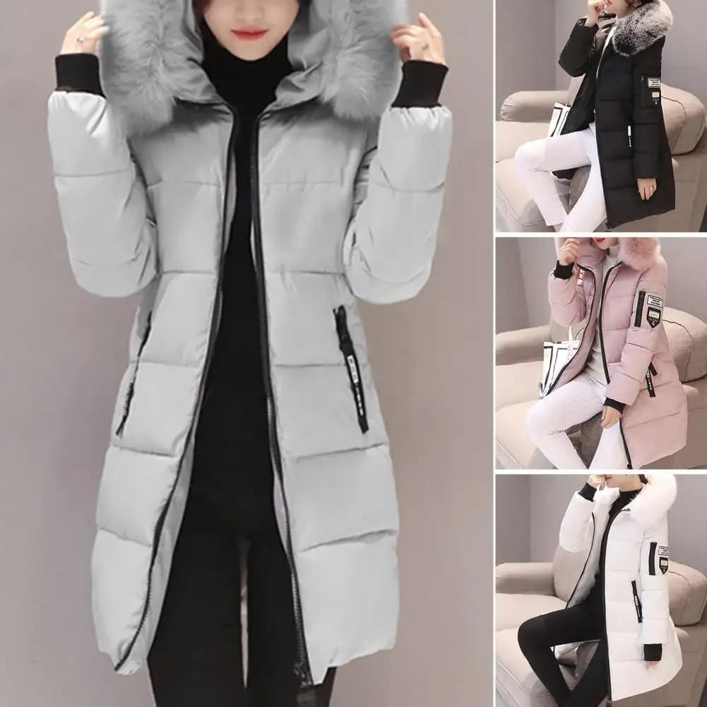 Women Winter Cotton Coat Hooded Mid Length Outerwear Windproof Warm Long Sleeve Jacket Solid Color Slim Fit Lady Down Coat