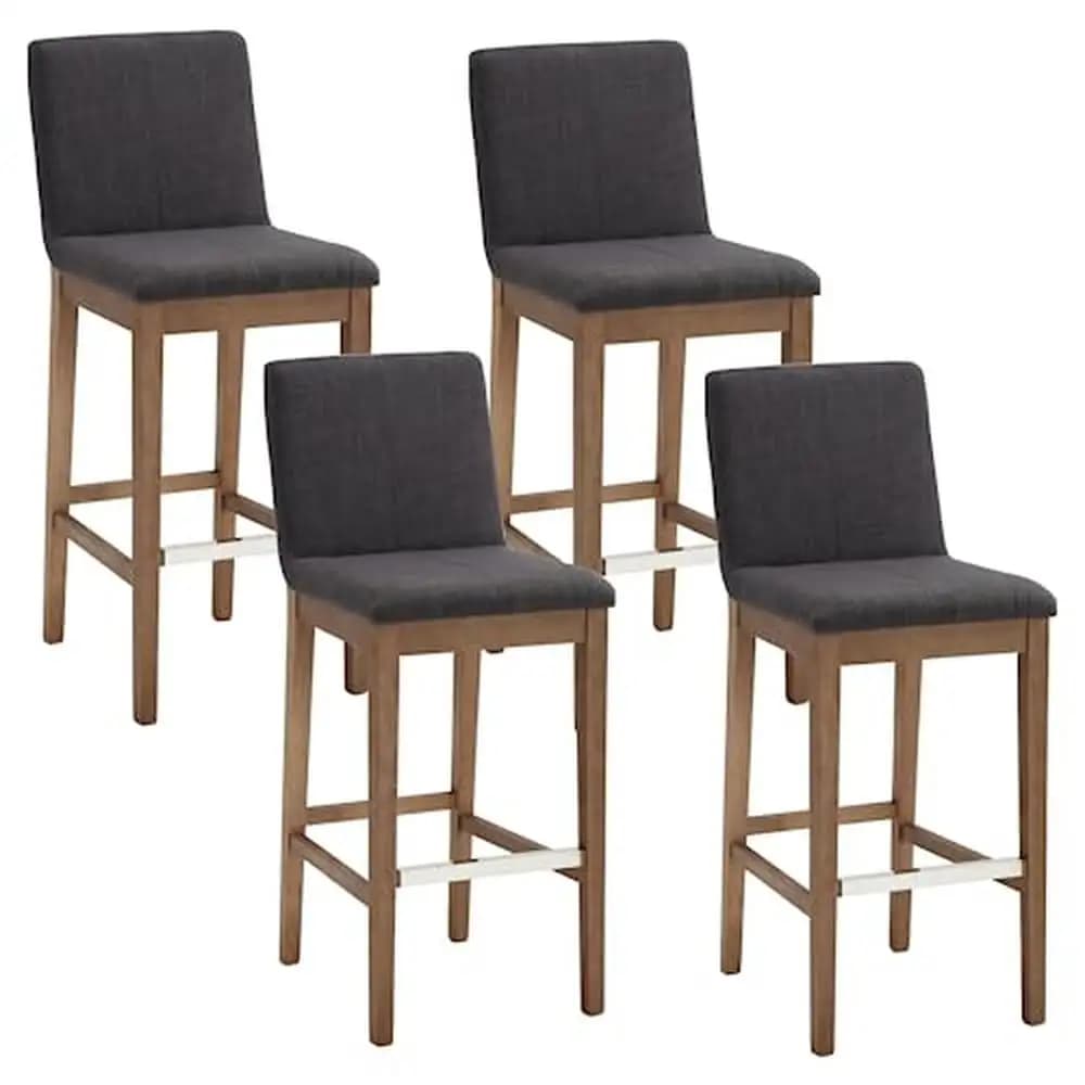 Set of 4 Linen Fabric Wood Barstools with Back 30" Kitchen Island Bar Stools Solid Wooden Frame Upholstered Chairs Mid Century