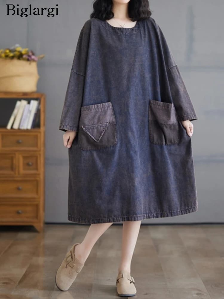 Denim Oversized Autumn A-Line Long Dress Women Ruffle Pleated Loose Fashion Ladies Dresses Long Sleeve Casual Woman Dress