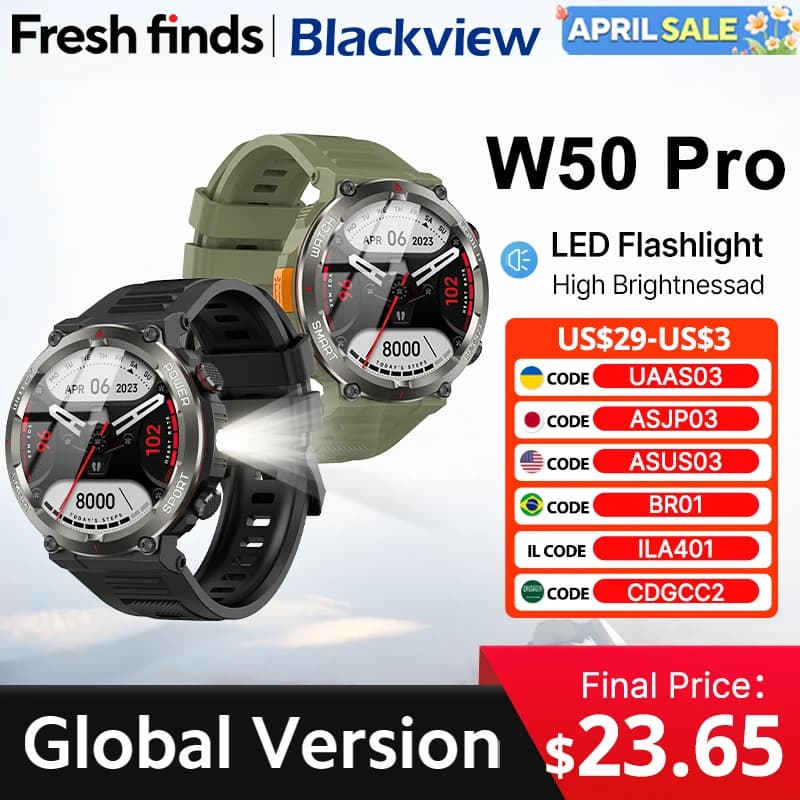 [World Premiere] Blackview W50 Pro Smartwatch 1.45" HD Display Flashlight Bluetooth Phone Call 960mAh Battery Rugged Smartwatch