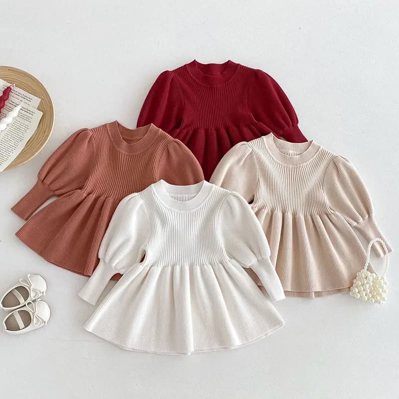 Baby Children's Sweater 0-5 Years Girls Solid Knitted Dress Top Fashion Puff Sleeve Kid's Pullover Spring Autumn Girls Clothing
