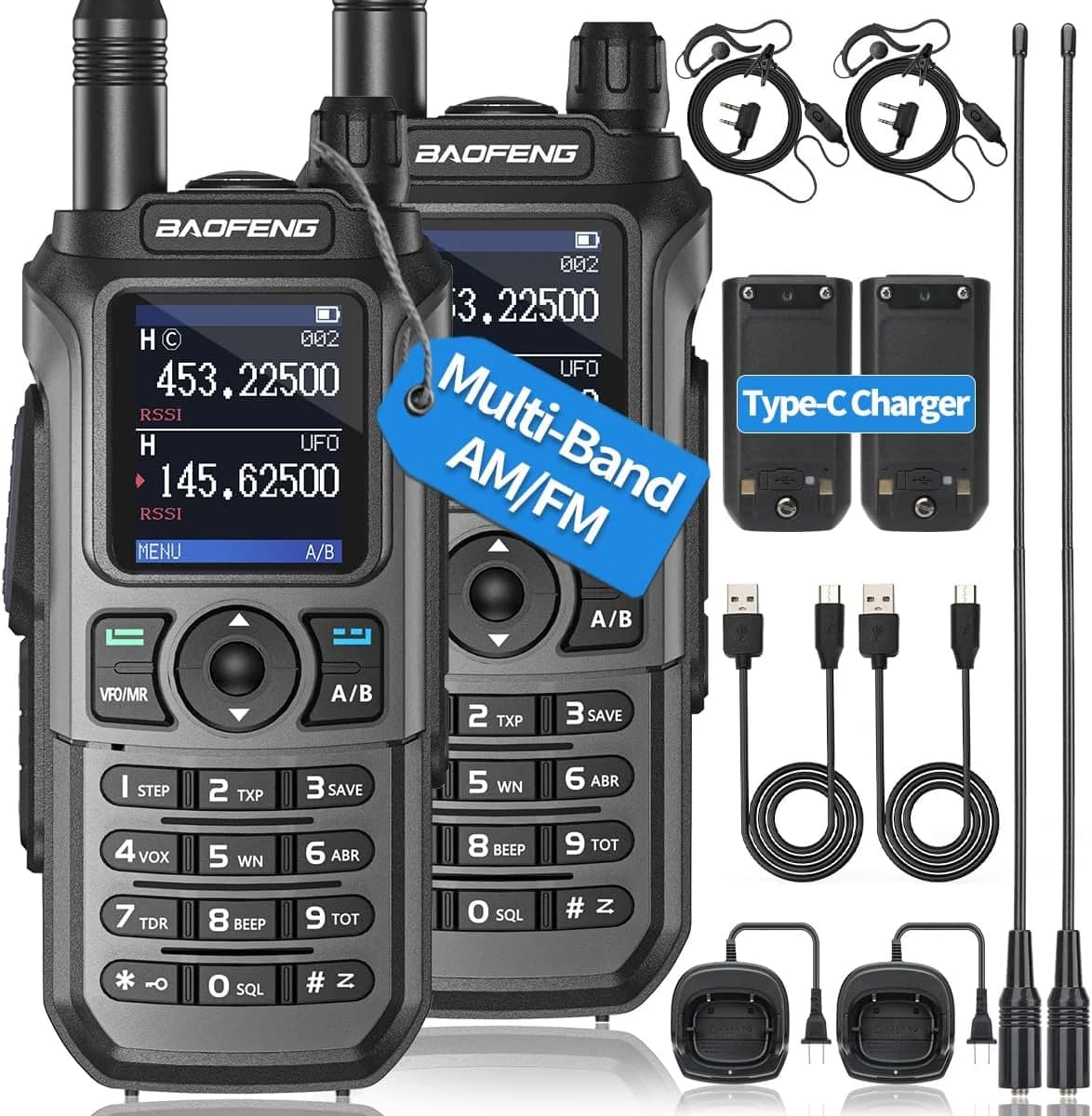 2x BAOFENG UV-21R Air Band Walkie Talkie Wireless Copy Frequency Type-C 999 Channels NOAA Long Range AM For UV-21 PRO Ham Radio