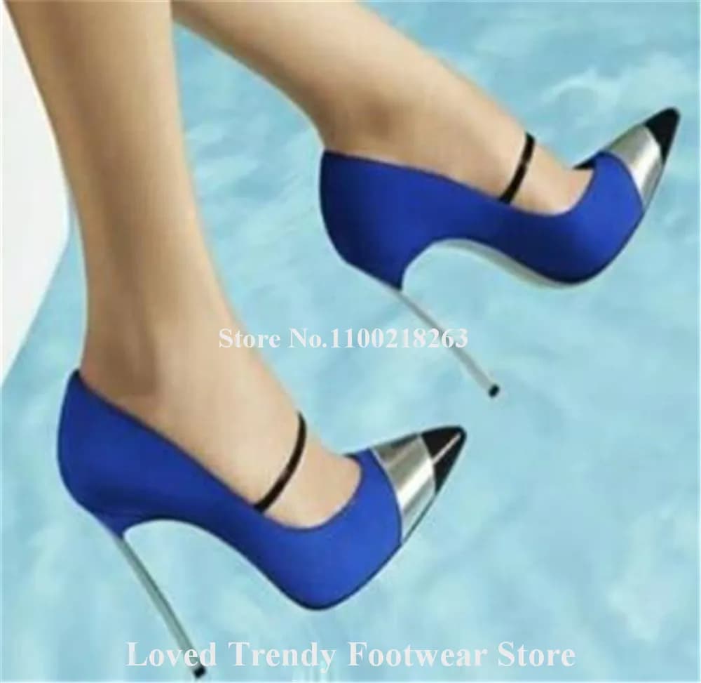 Elegant Blue Patchwork Metal Stiletto Heel Pumps Sexy Silver Pointed Toe Slip-on Thin Heel Party Heels Big Size Wedding Shoes