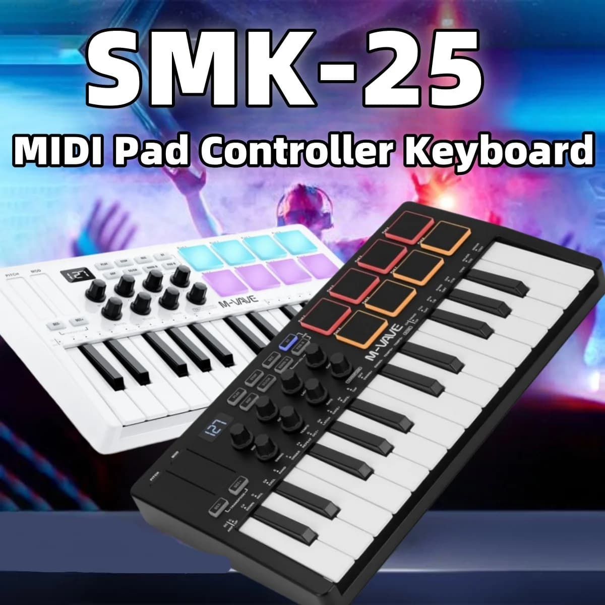 M-VAVE SMK-25 Pro MIDI Controller | 25Key+8Pad+8Knob | Wireless/USB DAW Sync | RGB Backlit Beat Maker w/3 DAWs | USB/Wireless