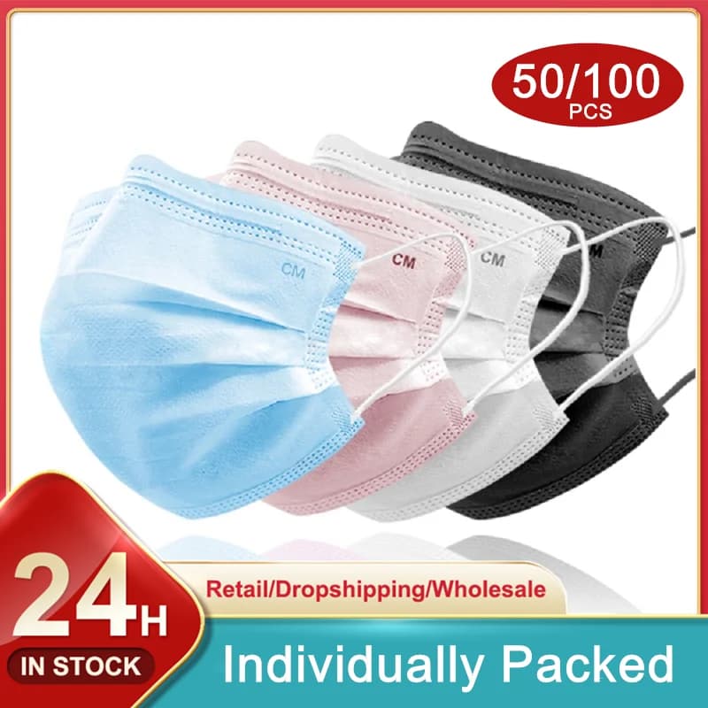 50PCS  Disposable Masks Adult Layers Fashion Style Individual Pack Melt-blown Particles Filters Breathable PM2.5 Haze Proof Mask