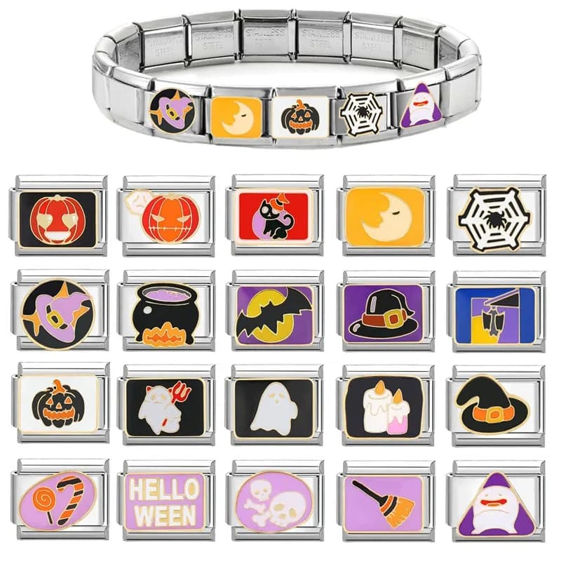 FUNIQUE Creative Pumpkin Hat Pot Bat Italian Charm Links Fit 9mm Bracelet Stainless Steel DIY Jewelry Making Halloween Gifts