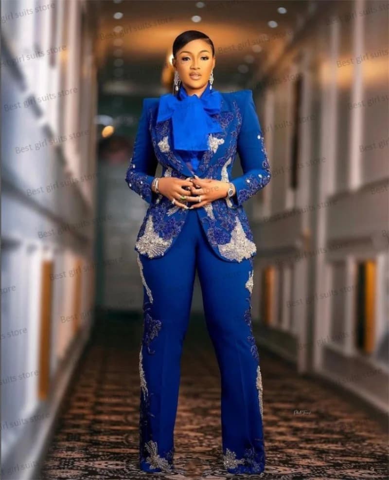 Luxury Blue Women Suit Set Blazer+Pants 2 Pieces Formal Crystal Beads Wedding Mother Of Guest Prom Dress Custom Made Jacket