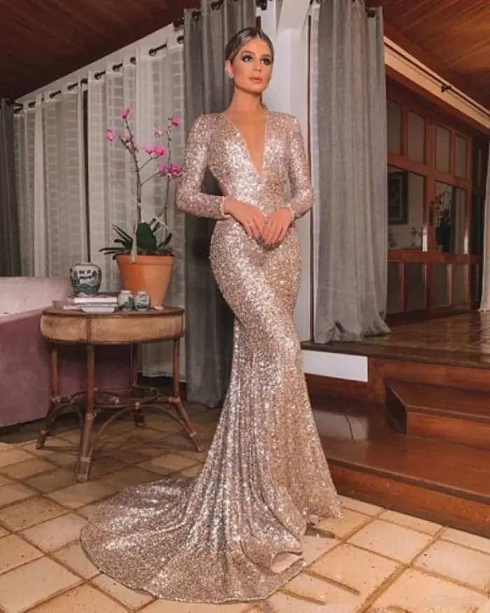 Rose Gold Sequined Long Mermaid Evening Dress Open Back Deep V-Neck Glitter Prom Special Occasion Gown For Women 2024