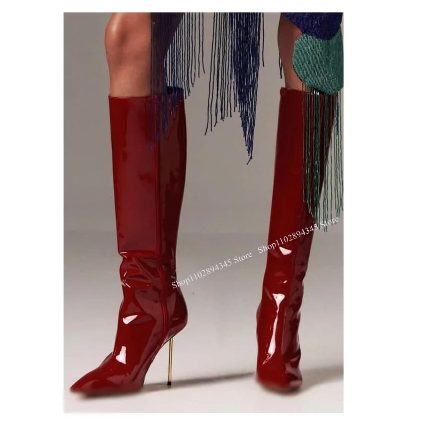 Wine Red Patent Leather Boots Thin High Heel Pointed Toe Fashionable Sexy Cool Summer Big Size Woman Shoes Zapatillas Mujer