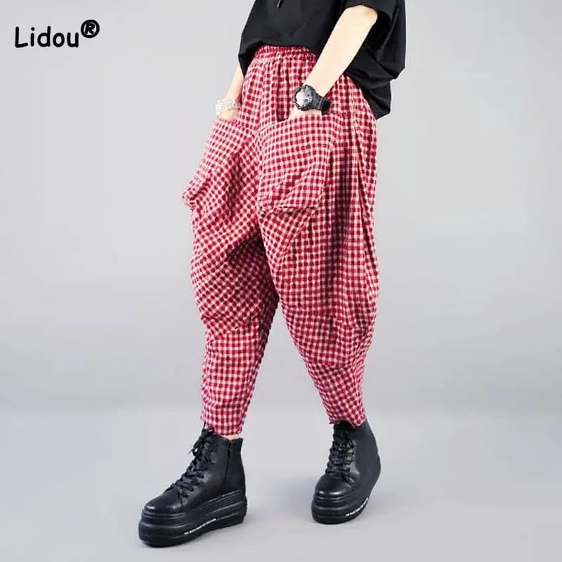 Casual Fashion Elastic Waist Plaid Radish Pants Women's Clothing Loose Summer All-match Vintage Pockets Spliced Capri Pants