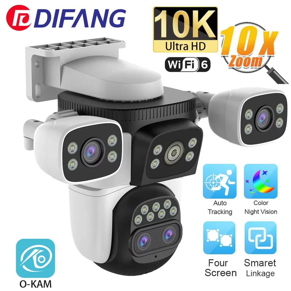 10K WiFi IP Camera Outdoor Wireless 10X Zoom 20MP Three screen Four Lens PTZ Automatic Tracking Waterproof Security Camera CCTV
